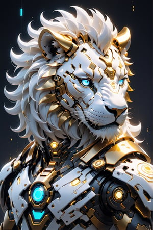 (masterpiece, best quality:1.5), EpicLogo, white glowing armor, robot, gold irradiated armor, luminous stoic face, look on viewer, lion style, central view, hyper real, hues, Movie Still, cyberpunk, full body, cinematic scene, intricate mech details , ground level shot, 8K resolution, Cinema 4D, Behance HD, polished metal, shiny, data, toystore background