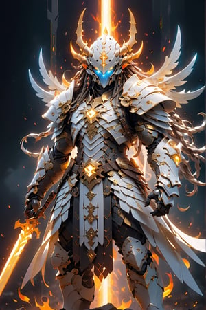 (masterpiece, best quality:1.5), EpicLogo, white glowing armor, magic armor, gold irradiated armor, luminous stoic face, look on viewer, eagle style, central view, hyper real, hues, Movie Still, gothic, full body, cinematic scene, intricate mech details , ground level shot, 8K resolution, Cinema 4D, Behance HD, polished metal, shiny, data, ethereal fire emitting from armor, hair in dreadlock braids, cross on chest plate, glowing sword in hand, dragon fire background