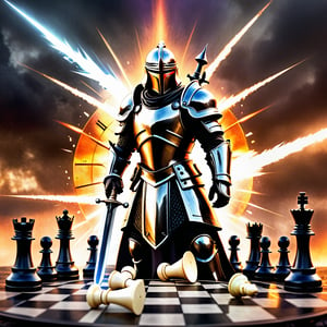 “No weapon that is formed against you shall prosper”epic light, radiant color, watercolor splash, color burn ,high contrast ,dynamic lighting, event horizon, glowing eyes , skyfall background,hyper real, chess board, converging reality, shattered clock face, broken sword imagery, army of GOD, eternal, EPICLOGO, battle formations, vivid armor, holy warrior