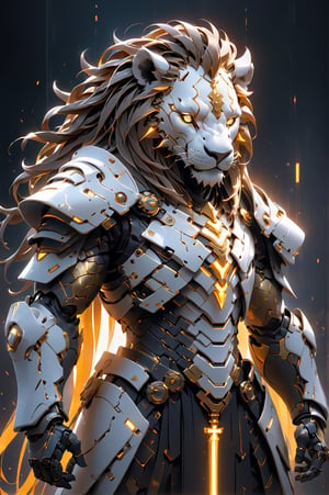 (masterpiece, best quality:1.5), EpicLogo, white glowing armor, robot, gold irradiated armor, luminous stoic face, look on viewer, lion style, central view, hyper real, hues, Movie Still, cyberpunk, full body, cinematic scene, intricate mech details , ground level shot, 8K resolution, Cinema 4D, Behance HD, polished metal, shiny, data, ethereal fire emitting from armor, hair in dreadlock braids, cross on chest plate, glowing sword, skyfall background