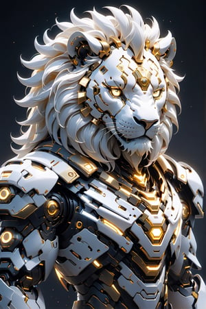 (masterpiece, best quality:1.5), EpicLogo, white glowing armor, robot, gold irradiated armor, luminous stoic face, look on viewer, lion style, central view, hyper real, hues, Movie Still, cyberpunk, full body, cinematic scene, intricate mech details , ground level shot, 8K resolution, Cinema 4D, Behance HD, polished metal, shiny, data, toystore background