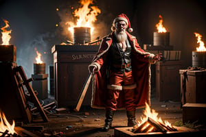 (hyper real, best quality), (fantasy), ghoul, undead,Santa Claus, zombie,  Christmas tree burning with lots of toys on fire, warm, gothic nightmare, christmas,steampunk style,EpicLogo, 8k res scary background