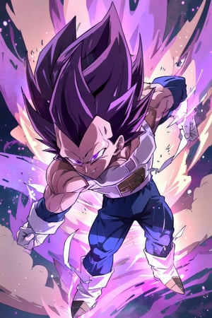 UE_vegeta, 1boy, male focus, muscles, purple hair, purple eyes, no eyebrows,1boy, smile, purple aura,r1ge, full body, majin boo energy, purple swirling vortex, super saiyan level 3, full body, ethereal fire background, goku dead