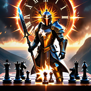 “No weapon that is formed against you shall prosper”epic light, radiant color, burning star, color burn ,high contrast ,dynamic lighting, event horizon, glowing eyes , skyfall background,hyper real, chess board, converging reality, shattered clock face, broken sword imagery, army of GOD, eternal, EPICLOGO, battle formations, light armor, holy warrior, infernal tech, plasma blade weaponry