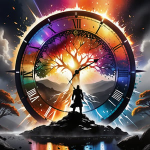 “No weapon that is formed against you shall prosper”epic light, radiant color, watercolor splash, color burn ,high contrast ,dynamic lighting, event horizon, glowing eyes , skyfall background,hyper real, tree of life, converging reality, shattered clock face, broken sword