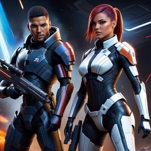 1boy, 1girl, masterpiece, best quality, vivd colours, sci-fi, full body, action pose, commander shephard, reloading an assault rifle, mass effect, artgerm, Movie Still,detailmaster2,cyborg style, modern, ultra 16k resolution, breathtaking lighting, color burn edges, swirling energy, masterpiece nsfw