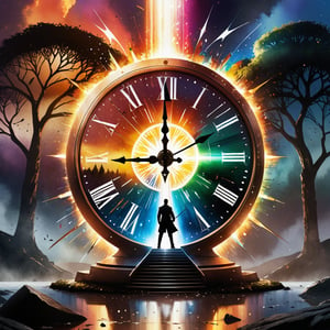 “No weapon that is formed against you shall prosper”epic light, radiant color, watercolor splash, color burn ,high contrast ,dynamic lighting, event horizon, glowing eyes , skyfall background,hyper real, tree of life, converging reality, shattered clock face, broken sword