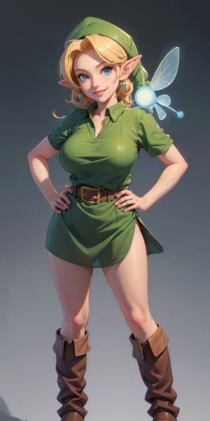 masterpiece, best quality, 1girl, younglink, blonde hair, blue eyes, hat, pointy ears, green tunic, belt, boots, (looking at fairy), hands on hips, simple background, gigantic_breast, smiling at viewer
