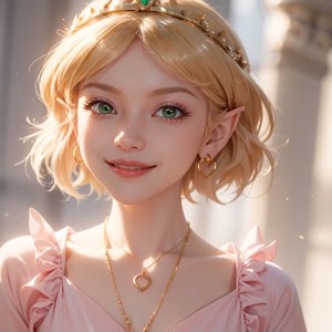 masterpiece, best quality, tmbsszelda, short hair, blonde hair, green eyes ,gold necklace, gold tiara, small earrings, pink eyes, heart, makeup, lipstick , face, face only, blushing, smile, smiling,1 girl, thick lips