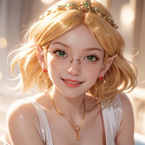 masterpiece, best quality, tmbsszelda, short hair, golden hair, green eyes , large glasses, gold necklace, gold tiara, small hoop earrings, hearts, makeup, red lipstick , face, face only, blushing, smile, smiling,1 girl, thick lips, close, human ears, freckles, long lashes