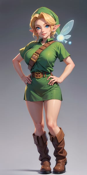 masterpiece, best quality, 1girl, younglink, blonde hair, blue eyes, hat, pointy ears, green tunic, belt, boots, (looking at fairy), hands on hips, simple background, gigantic_breast, smiling at viewer