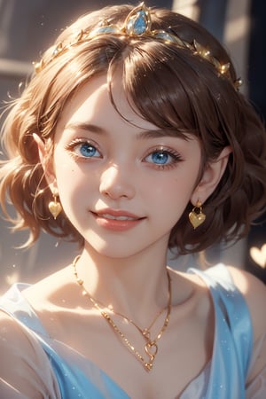 masterpiece, best quality, tmbsszelda, short hair, dark brown hair, blue eyes ,gold necklace, gold tiara, small hoop earrings, hearts, makeup, blue lipstick , face, face only, blushing, smile, smiling,1 girl, thick lips, close,Detailedface