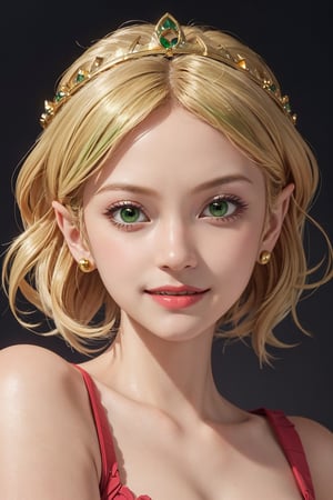 masterpiece, best quality, tmbsszelda, short hair, golden hair, gold tiara, (green eyes), makeup, lipstick, face only,1 girl, looking at viewer, smile, closed mouth, simple background
