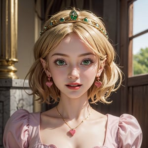 masterpiece, best quality, solo, stunningly beautiful young woman, tmbsszelda, short hair, badly combed hair, blonde hair, gold tiara, (green eyes), hearts, makeup, lipstick ,head only, 1 girl, looking at viewer, smile, open mouth, 1 girl