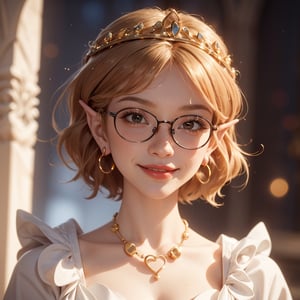 masterpiece, best quality, tmbsszelda, short hair, golden brown hair, brown eyes , large glasses, gold necklace, gold tiara, small hoop earrings, hearts, makeup, lipstick , face, face only, blushing, smile, smiling,1 girl, thick lips, close, human ears, freckles, long lashes