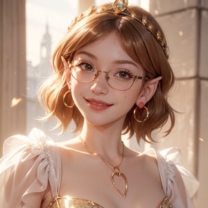 masterpiece, best quality, tmbsszelda, short hair, golden brown hair, brown eyes , large glasses, gold necklace, gold tiara, small hoop earrings, hearts, makeup, lipstick , face, face only, blushing, smile, smiling,1 girl, thick lips, close, human ears, freckles, long lashes