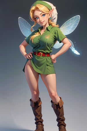 masterpiece, best quality, 1girl, younglink, blonde hair, blue eyes, hat, pointy ears, green tunic, belt, boots, (looking at fairy), hands on hips, simple background, gigantic_breast, smiling at viewer