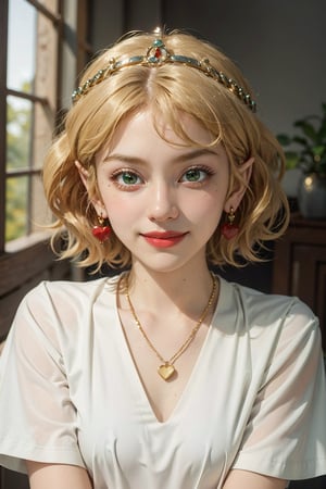 masterpiece, best quality, tmbsszelda, short hair, blonde hair, green eyes ,gold necklace, gold tiara, pointy ears, earrings, hearts, makeup, blue lipstick , upper body, blushing, smile, smiling,1 girl, thick lips, red lipstick, close,Detailedface, white t shirt