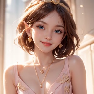 masterpiece, best quality, tmbsszelda, short hair, golden brown hair, blue eyes ,gold necklace, gold tiara, small earrings, pink eyes, heart, makeup, lipstick , face, face only, blushing, smile, smiling,1 girl, thick lips, naked_shirt