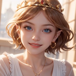 masterpiece, best quality, tmbsszelda, short hair, golden brown hair, blue eyes ,gold necklace, gold tiara, small hoop earrings, hearts, makeup, lipstick , face, face only, blushing, smile, smiling,1 girl, thick lips, naked_shirt