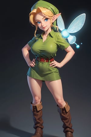 masterpiece, best quality, 1girl, younglink, blonde hair, blue eyes, hat, pointy ears, green tunic, belt, boots, (looking at fairy), hands on hips, simple background, gigantic_breast, smiling at viewer