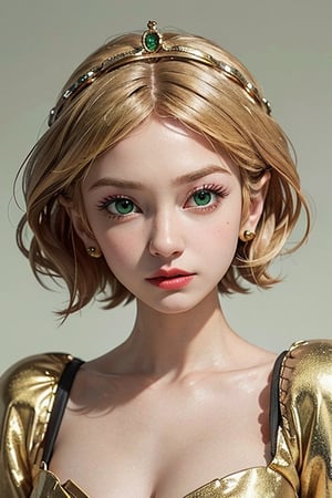 masterpiece, best quality, tmbsszelda, short hair, golden hair, gold tiara, (green eyes), makeup, lipstick, face only,1 girl, looking at viewer, closed mouth, simple background