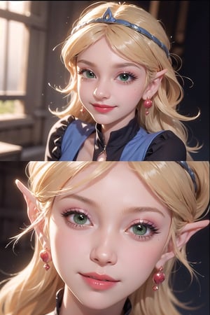 tsmbsszelda, masterpiece, (face only), green eyes, blushing,  smiling, lipstick, makeup