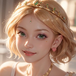 masterpiece, best quality, tmbsszelda, short hair, blonde hair, green eyes ,gold necklace, gold tiara, small earrings, pink eyes, heart, makeup, lipstick , face, face only, blushing, sweating, smile, smiling,1 girl