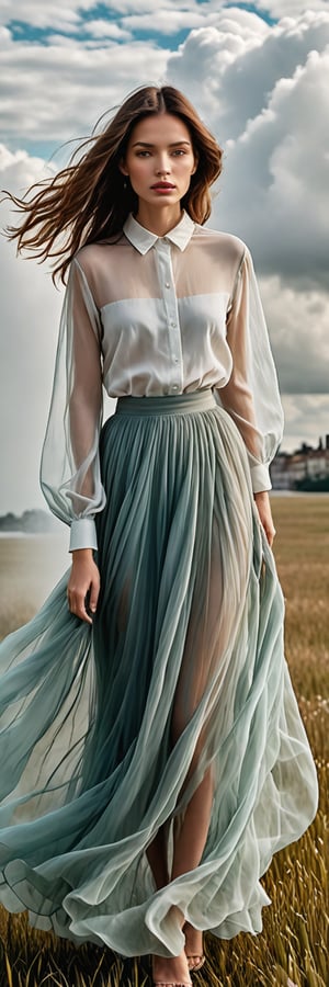 Inspired by photography from Vogue magazine, On a cloudy day, a woman is wearing a romantic transparent gauze, like clouds, a colorful long skirt, the woman's face is looming, the atmosphere is like smoke and a dream, it is indescribably beautiful.