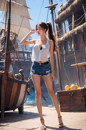 1girl, long hair, long legs, super shorts denim shorts, cleavage, shoulders, ponytail, earrings, hand up, standing, full body, on pirate ship,nami \(one piece\)

