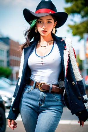 1girl, solo, long hair, breasts, looking at viewer, shirt, gloves, hat, holding, cleavage, jewelry, medium breasts, underwear, standing, collarbone, white shirt, weapon, white hair, cowboy shot, earrings, outdoors, parted lips, day, black gloves, collared shirt, belt, pants, fingerless gloves, necklace, holding weapon, bra, blurry, lips, gun, torn clothes, makeup, denim, lipstick, building, holding gun, buckle, handgun, sleeves rolled up, single glove, jeans, belt buckle, realistic, brown headwear, blue pants, red lips, brown belt, holster, cowboy hat, revolver, cowboy western