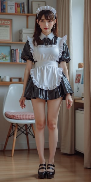 v4n3ss4, realistic, photograph of a chinese woman standing, wearing a latex maid outfit, kawaii, facing viewer,