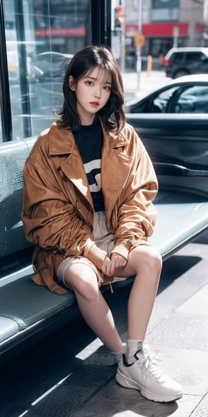 yellow_jacket, 1girl, oversized_clothes , white_hair , sneakers , sitting inside a subway,Realism
