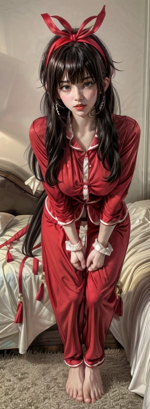 1girl, solo, long hair, looking at the viewer, smile, bangs, brown hair, sexy pajamas, in the bedroom, headband, headband, night, full body, parted lips, lips, bow, ribbon, realistic, ribbon, holding, headband, Headband, night, whole body,
,Hani