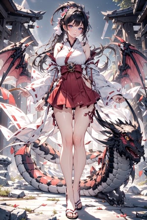 8k, (absurdres, highres, ultra detailed), (1lady:1.3), young dragon miko woman with beautiful blowing hair and mesmerizing eyes, wearing a flowing dress made of petals, in a serene garden (filled with blooming flowers), a representation of beauty and grace, charming, cute, beautiful, ultra detailed, dream like shot, 8k, sunset, ((holographic))), (((rainbowish))), expressive, cinematic, dynamic pose,midjourney, full body, visible breast,,phlg, black hair, pink highlight,,semirealistic,dragon-themed,dragonyear,miko dressing,miko,red hakama