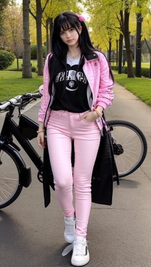 Lovely cute young attractive indian girl, 25 years old, cute long black_hair, black hair, They are wearing a pink , patterned Jen's jacket and black jeans, varsity jacket , white shoes. Riding bike
