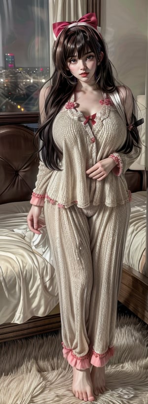 1girl, solo, long hair, looking at the viewer, smile, bangs, brown hair, sexy pajamas, in the bedroom, headband, headband, night, full body, parted lips, lips, bow, ribbon, realistic, ribbon, holding, headband, Headband, night, whole body,
,Hani