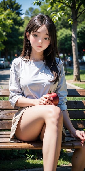 1 girl, most beautiful korean girl, stunningly beautiful girl, gorgeous girl, 18yo, over sized eyes, big eyes, smiling, looking at viewer, A woman is sitting on a bench with her legs crossed and an apple resting on her lap. She is smiling at the camera, giving off a relaxed vibe. The setting appears to be outdoors, possibly in front of a building or near some trees.,AIDA_LoRA_valenss
