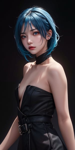A teenage girl with electric blue hair poses dramatically against a dark, mysterious backdrop, illuminated by a single, intense spotlight. The sharp shadows accentuate her features, while the vibrant hue of her hair pops against the darkness, creating an edgy masterpiece that exudes rebellious confidence.