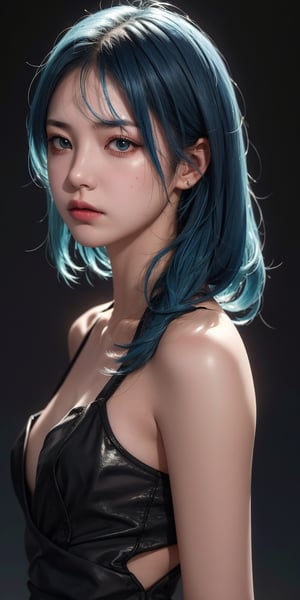 teenage girl, blue hair, dark background, dramatic light,masterpiece