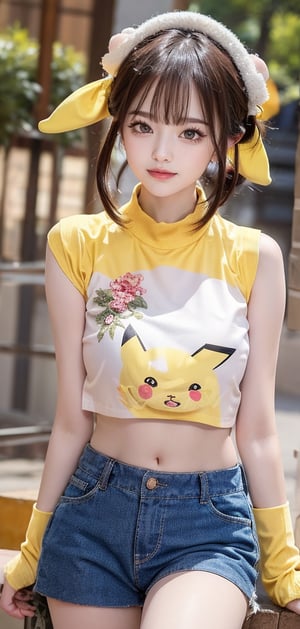 (((8k, best quality, masterpiece:1.2),(best quality:1.0), (ultra highres:1.0))), realistic, RAW, a beautiful girl, a girl with crop top. pikachu crop top, ,crop top, ((open mouth)), cute face, happy face, details face, bangs, long legs, mini skirt, navel, ,