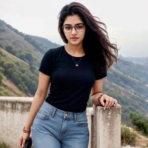 lovely cute young attractive indian teenage girl in a jeans pant and blue t shirt,  23 years old, cute, an Instagram model, long blonde_hair, colorful hair, winter, at hill top ,Indian, glasses 