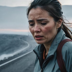 The woman walking at the end of the world is crying sadly