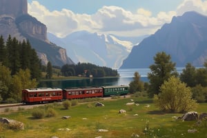 Oil Painting of a scenery in Switzerland, a train visible, oilpaint1