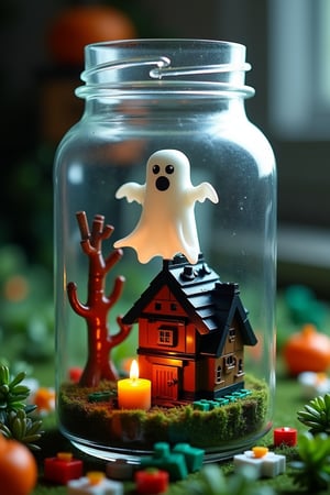 A glass jar houses a whimsical LEGO scene, where a tiny, ghostly figure made of white LEGO bricks hovers above a miniature LEGO haunted house. The ghost, with black LEGO eyes and a flowing, translucent sheet, gives off a playful, spooky vibe. Below, the detailed LEGO haunted house is surrounded by tiny LEGO trees, with a single LEGO candle flickering warmly inside the jar.

The scene is illuminated by soft, ambient lighting, creating a cozy yet mysterious atmosphere. The entire setup is nestled within a vibrant LEGO landscape, with tiny flowers and vines adding a touch of life to the eerie, enchanting scene.