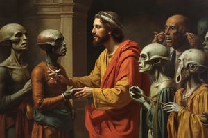 Oil painting of Jesus meeting Lord Krishna and 2 aliens, oilpaint1