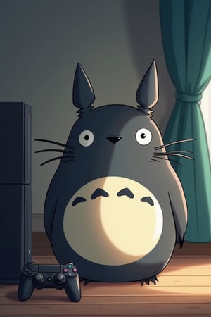  A text says "Aji khelile kobi". A picture of totoro , happy. Gaming mood and background. Console controller nearby. Ghibli style.