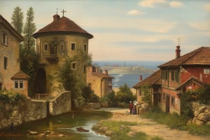 An oil painting of a village