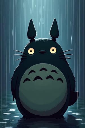 A sticker of totoro sad in rain, dark theme 