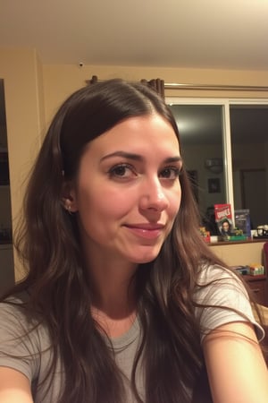 Boring Snapchat Selfie of a 23 y.o. woman in a living room. The selfie photo was shot on a phone and posted in 2015 on Snapchat.